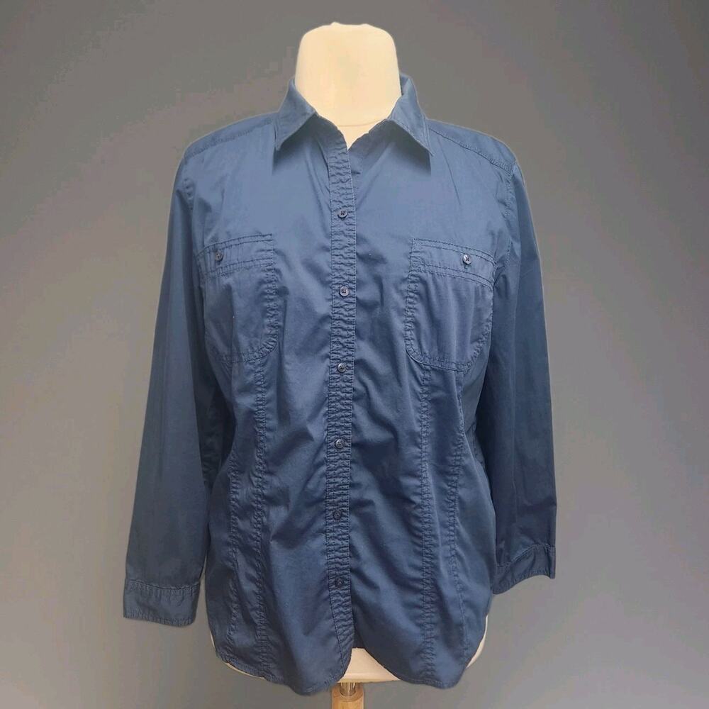 Chico’s Size 3 XL Navy Blue Button Down Shirt Long Sleeve Round Hem